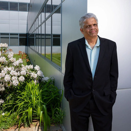 Ramesh Sitaraman standing in front of the Computer Science building and an azalea bush with white flowers