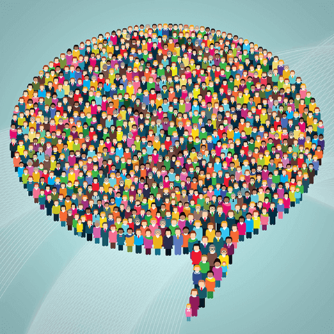 Illustration: Diverse crowd of people in the shape of a word bubble