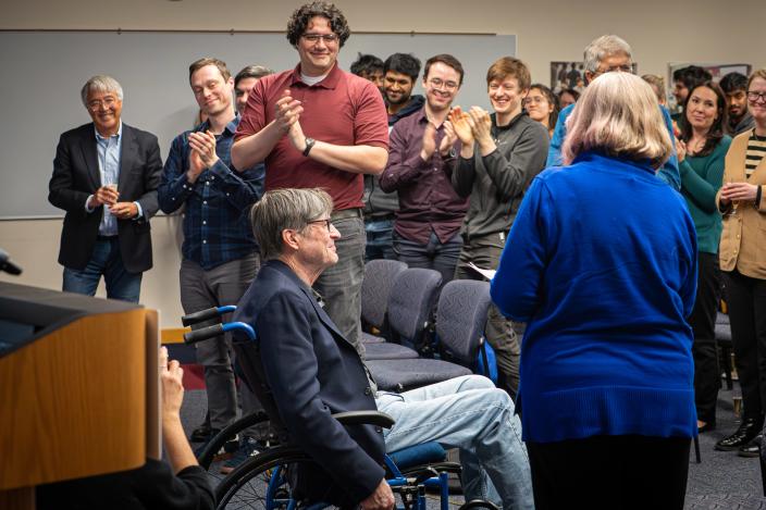 Andrew Barto receives a standing ovation at the celebration of his Turing Award on March 5, 2025