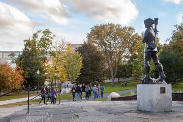 UMass Amherst campus with Minuteman statue
