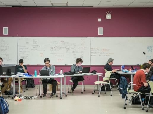 Students working intensely against a backdrop of busy white boards