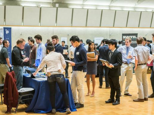 Students lining up in a career fair