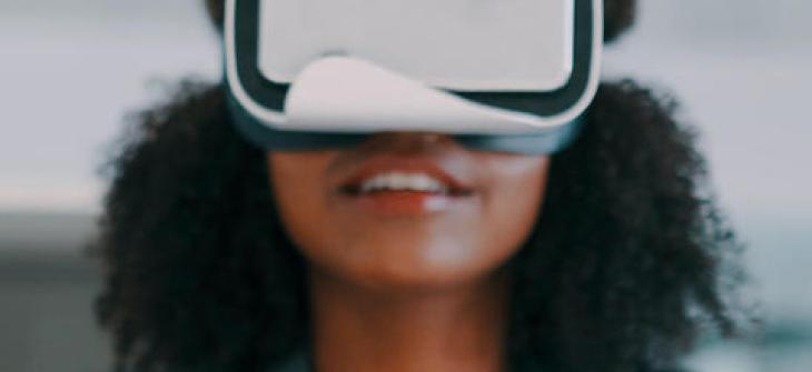 professional woman wearing virtual reality headset