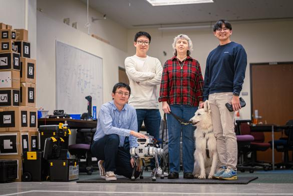 Left to right: Donghyun Kim, Sunghoon Ivan Lee, Gail Gunn, Brawny (dog), Hochul Hwang