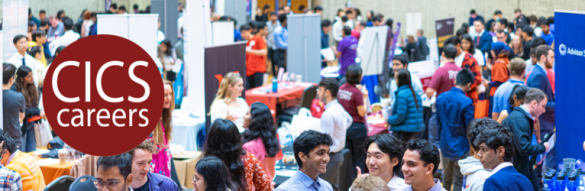 Banner image of top view of Tech Fair with CICS Careers logo
