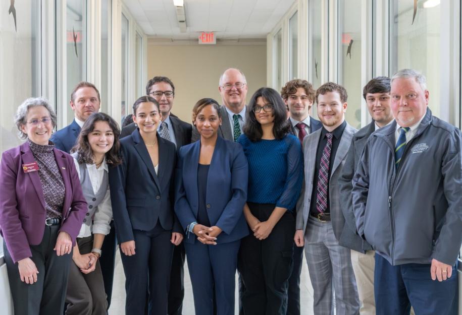 Dean Laura Haas, Professor Brian Levine, and interns host Massachusetts Attorney General Andrea Campbell for a discussion and tour of the Digital Evidence Lab on March 6.