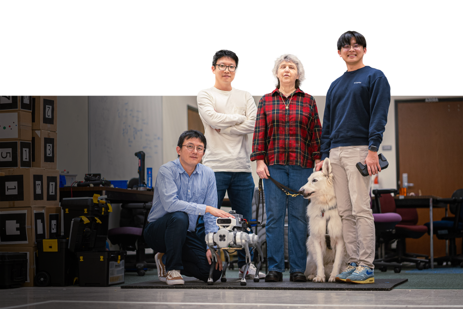 left to right; Donghyun Kim, Sunghoon Ivan Lee, Gail Gunn, Brawny (dog), Hochul Hwang